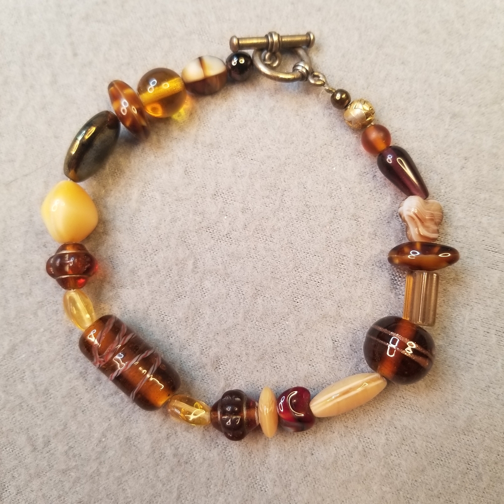 9" Unisex Bohemian Rootbeer & Amber Multicolor Beaded Bracelet TBar Toggle Clasp
